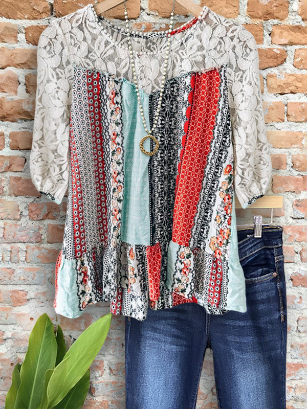 Bohemian Striped Lace Patchwork Top