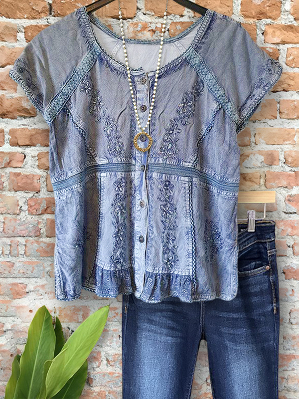 Casual Retro Embroidered Short Sleeve Top