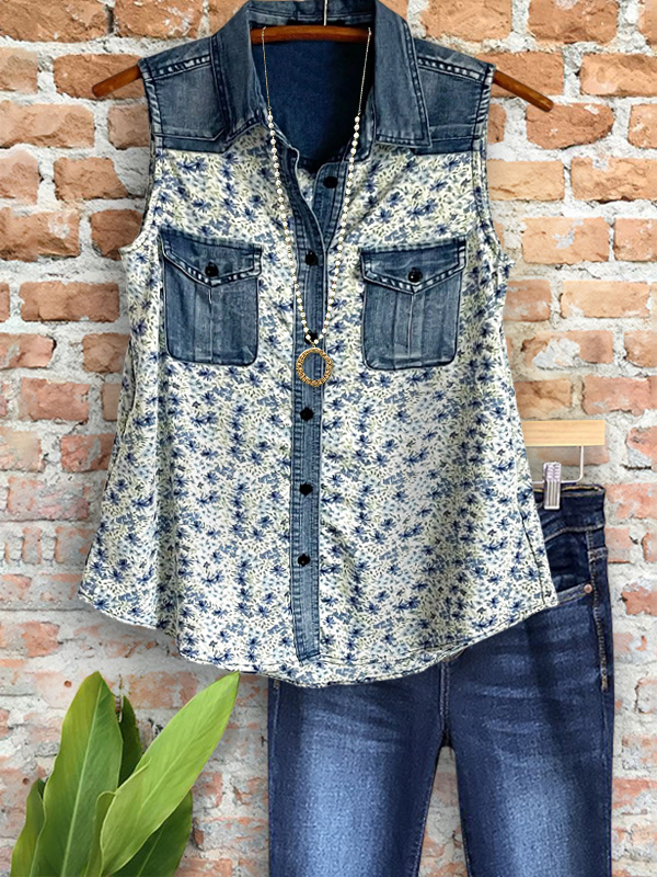 Casual Denim Floral Pocket Patchwork Top