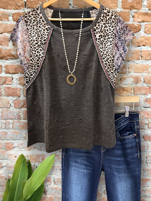 Casual Textured Animal Print Patchwork Top