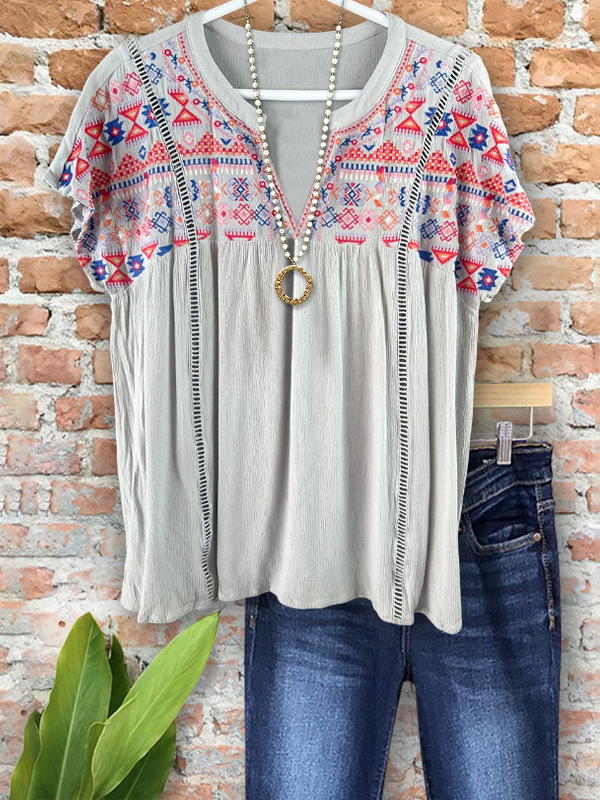 Bohemian Ethnic Embroidery Notched V-Neck Top