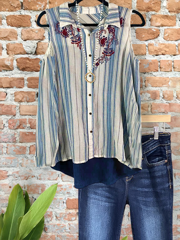 Women's top | Vintage Linen Floral Stripe Patchwork Vest |Website-shopcharmingrose