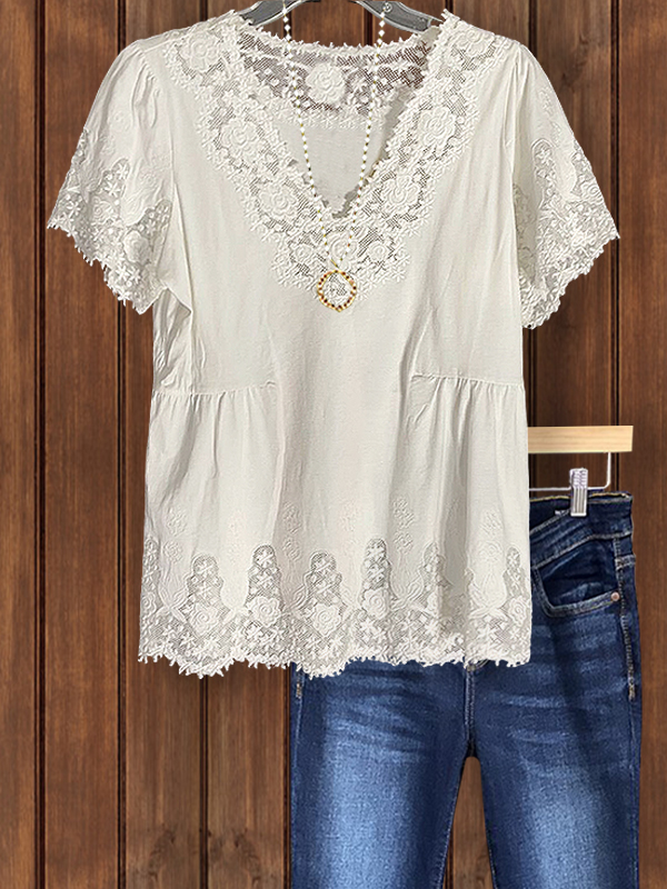 Embroidered Floral Ruched Elegant Short-Sleeved Top