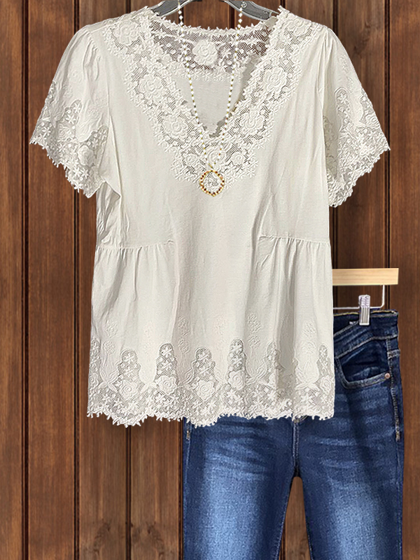 Embroidered Floral Ruched Elegant Short-Sleeved Top