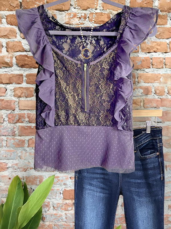 Vintage Chic Lace Zipper Ruffle Sleeve Top