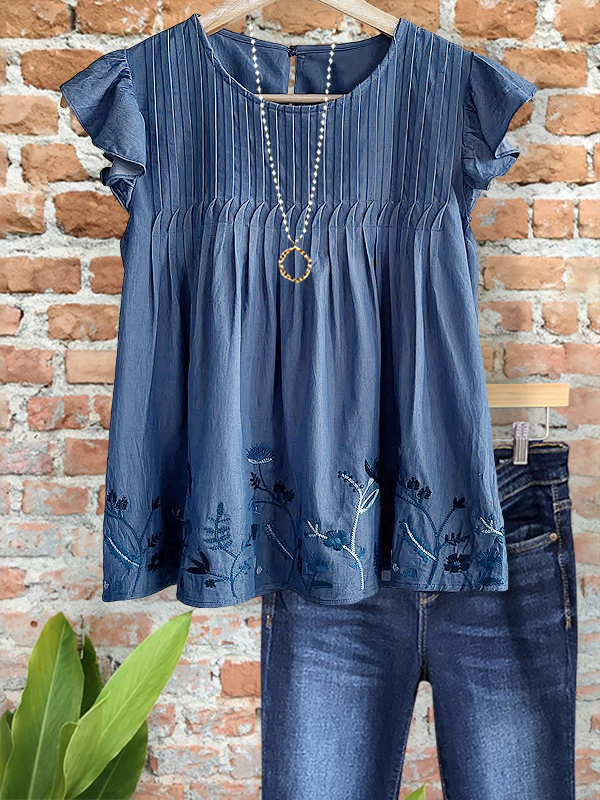 Embroidered Floral Denim Ruched Vintage Top