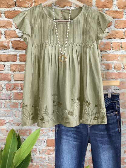Embroidered Floral Denim Ruched Vintage Top