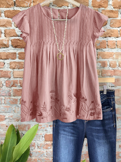 Embroidered Floral Denim Ruched Vintage Top