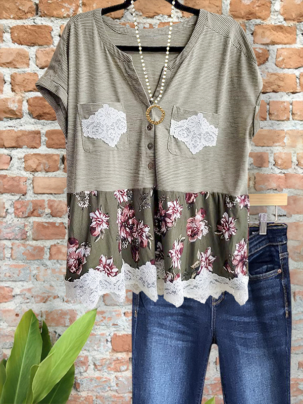 Women's top | Vintage Floral Striped Lace Top |Website-shopcharmingrose