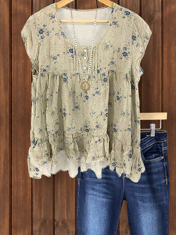 Women's top | Pastoral Floral Linen Ruffle Hem Top |Website-shopcharmingrose