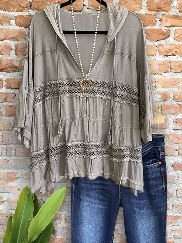 Women's top | Casual Loose Crochet Patchwork Hoodie |Website-shopcharmingrose