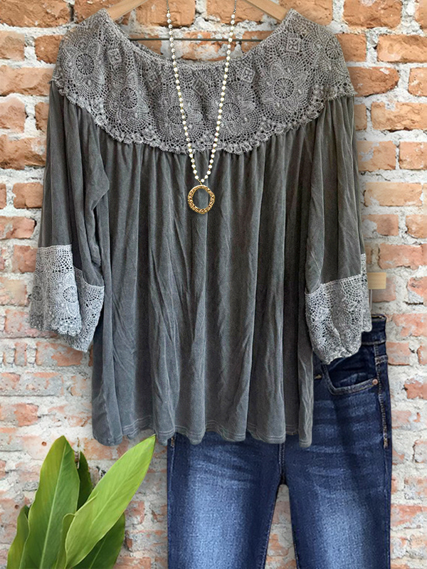 Vintage Crochet Lace Ruched Patchwork Top