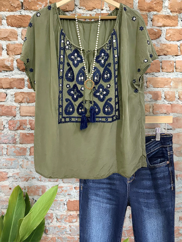 Bohemian Ethnic Embroidered Short-Sleeved Top