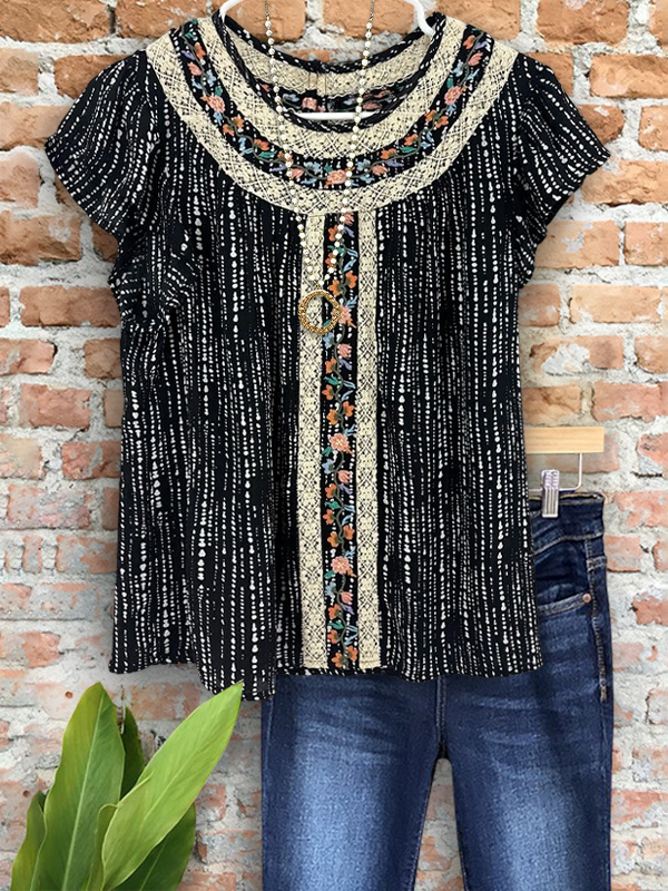 Embroidered Floral Lace Patchwork Casual Top