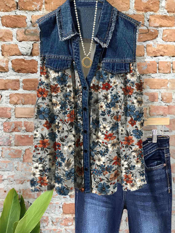 Romantic Floral Denim Shirt Collar Top