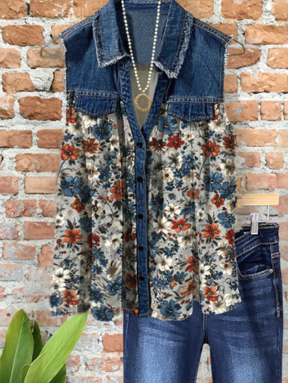 Romantic Floral Denim Shirt Collar Top
