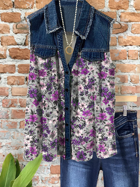 Romantic Floral Denim Shirt Collar Top