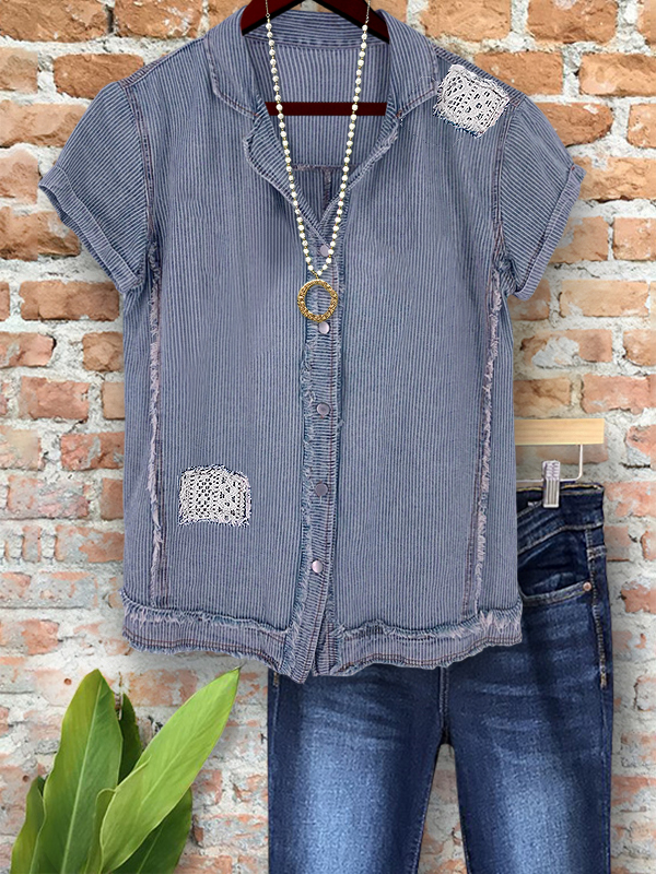 Denim Style Striped Lace Patch Raw Edge Top