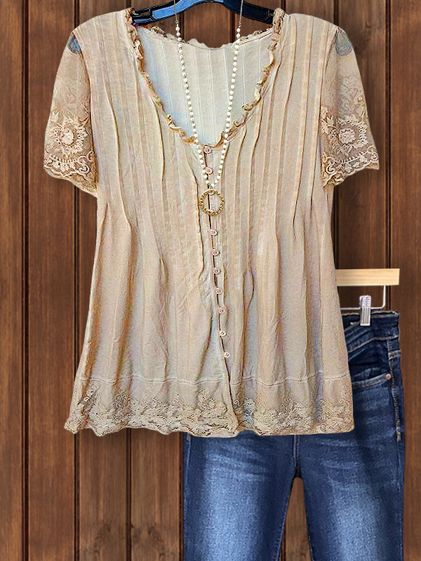 Casual Vintage Lace Ruffle V-Neck Top