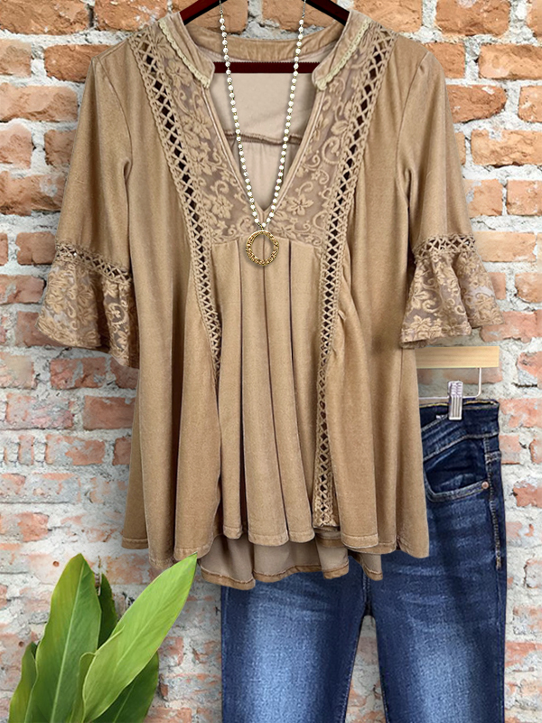 Charming Lace Patchwork Ruffle Sleeve Top