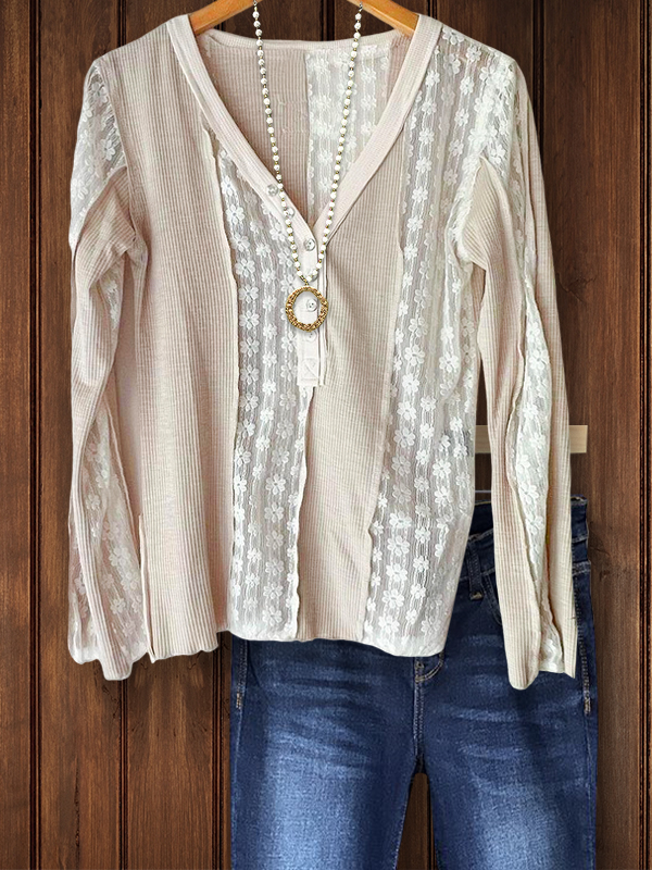 Casual Lace Floral Patchwork V-Neck Top