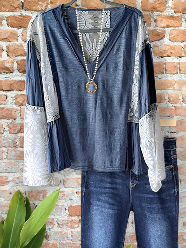Vintage Lace Patchwork V-Neck Top