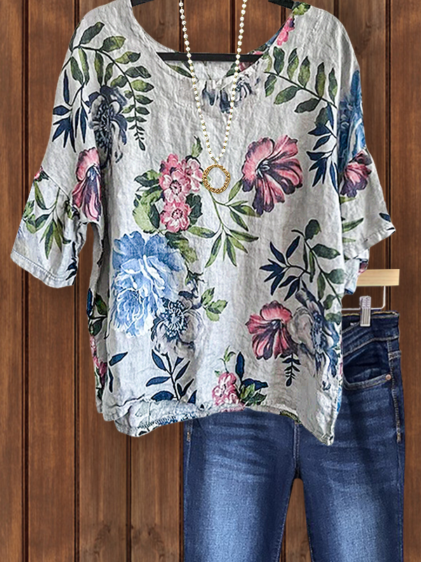 Romantic Cozy Linen Floral Ruffle Sleeve Top