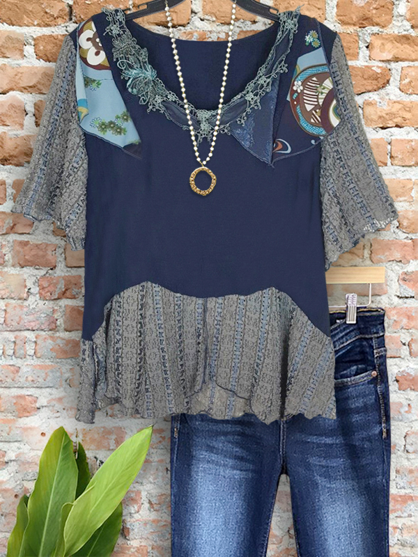 Vintage Hollow Crochet Patch V-Neck Top