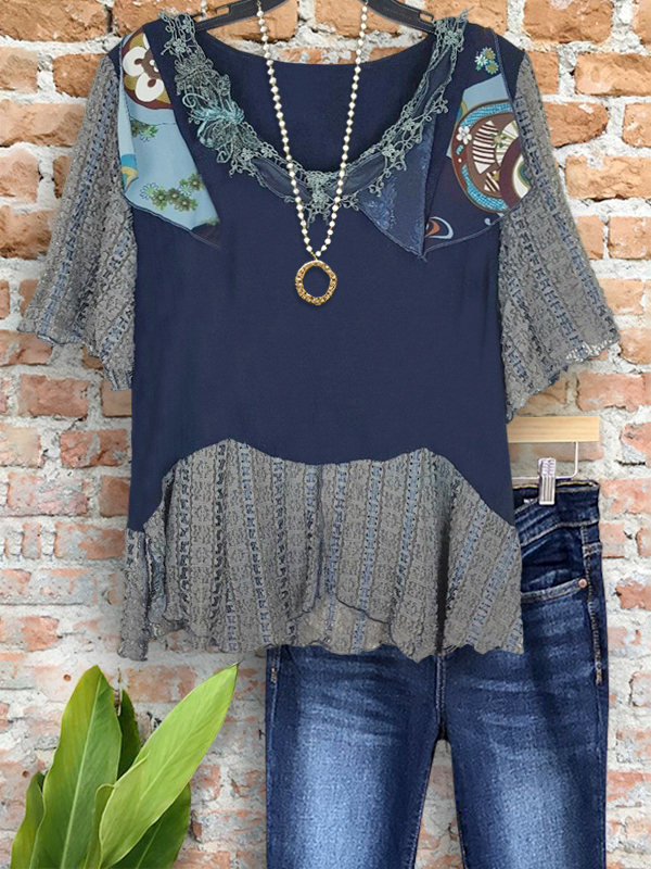 Women's top | Vintage Hollow Crochet Patch V-Neck Top |Website-shopcharmingrose