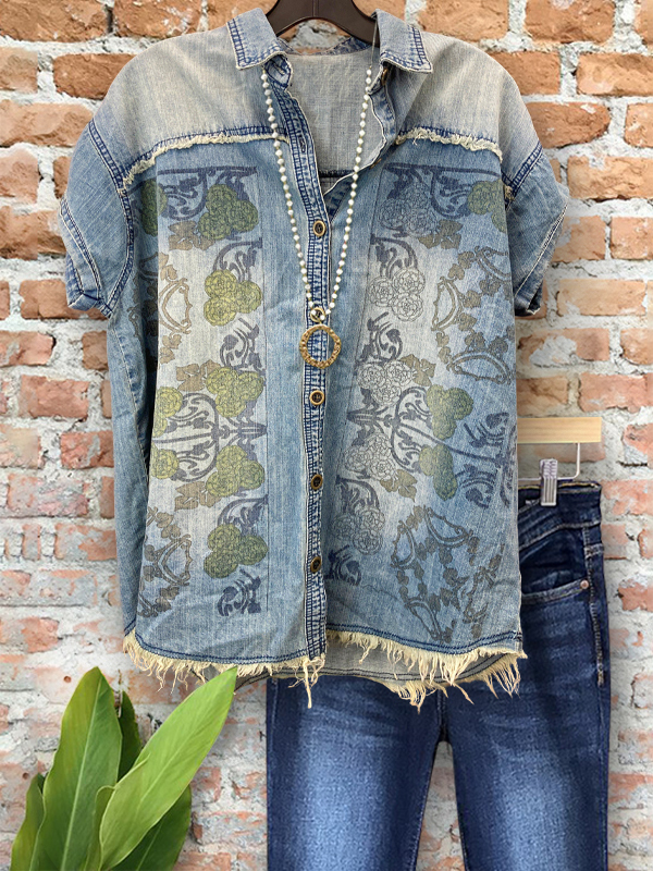 Women's top | Casual Vintage Printed Denim Raw Edge Top |Website-shopcharmingrose