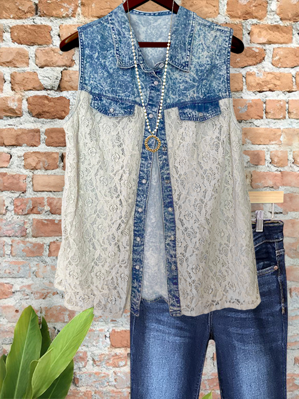 Vintage Denim Style Lace Patchwork Top