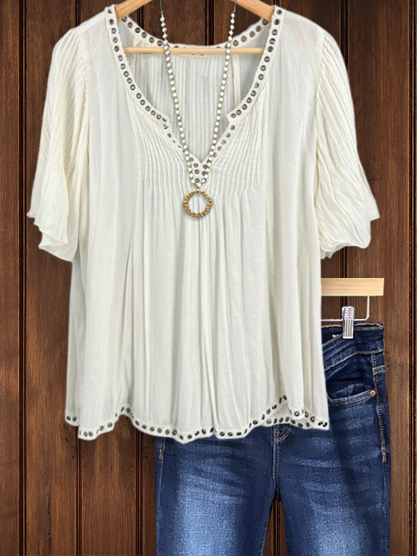 Women's top | Bohemian Casual Grommet Pleated Top |Website-shopcharmingrose