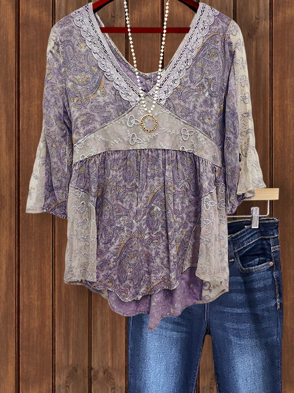 Ethnic Print Lace Patchwork V-Neck Top