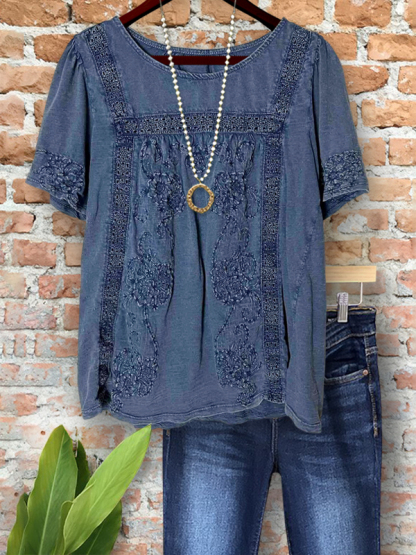 Vintage Embroidered Patchwork Short-Sleeved Top