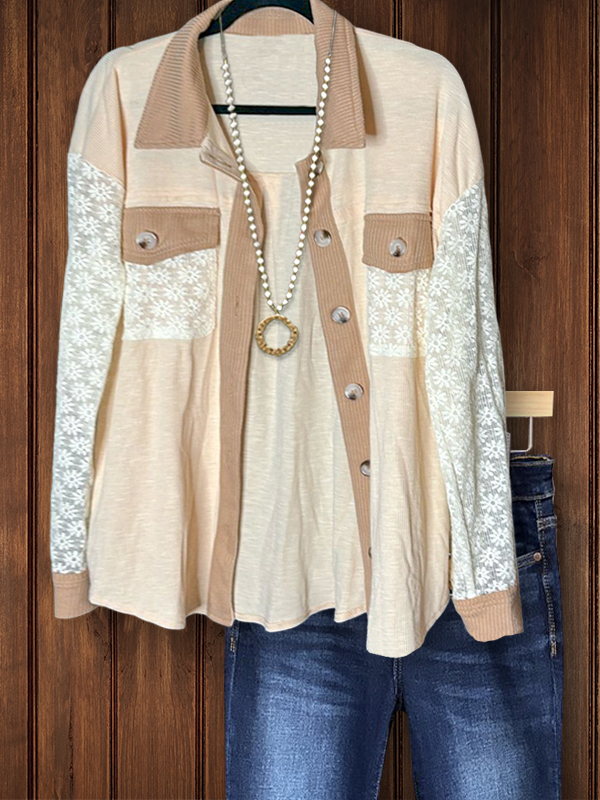 Women's top | Chic Casual Lace Patchwork Shirt Collar Top |Website-shopcharmingrose