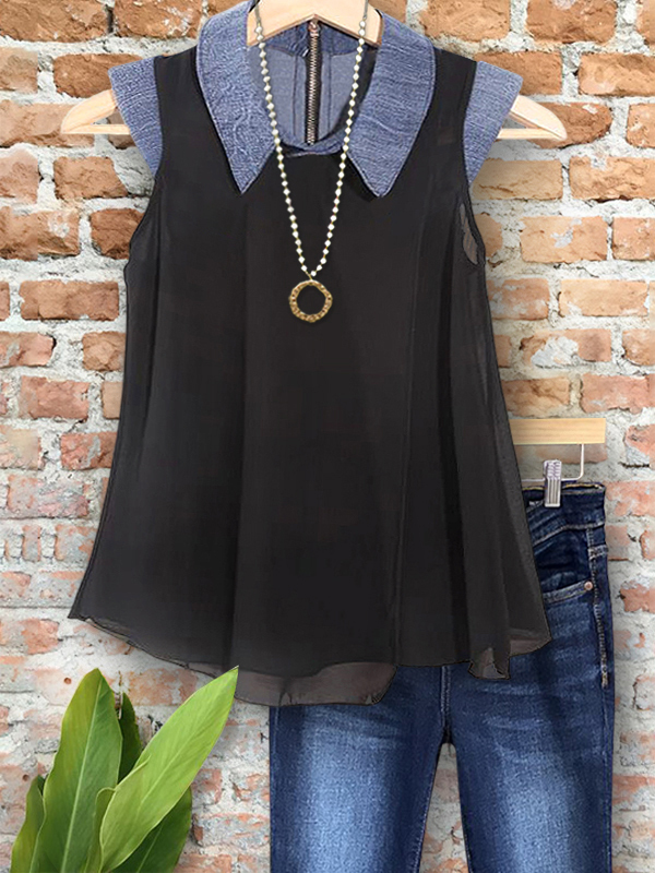 Elegant Denim Chiffon Patchwork Top