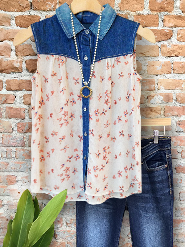 Casual Color Block Denim Floral Patchwork Top