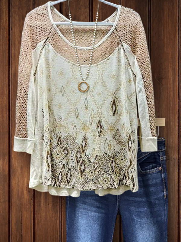 Women's top | Bohemian Print Crochet Mesh Top |Website-shopcharmingrose