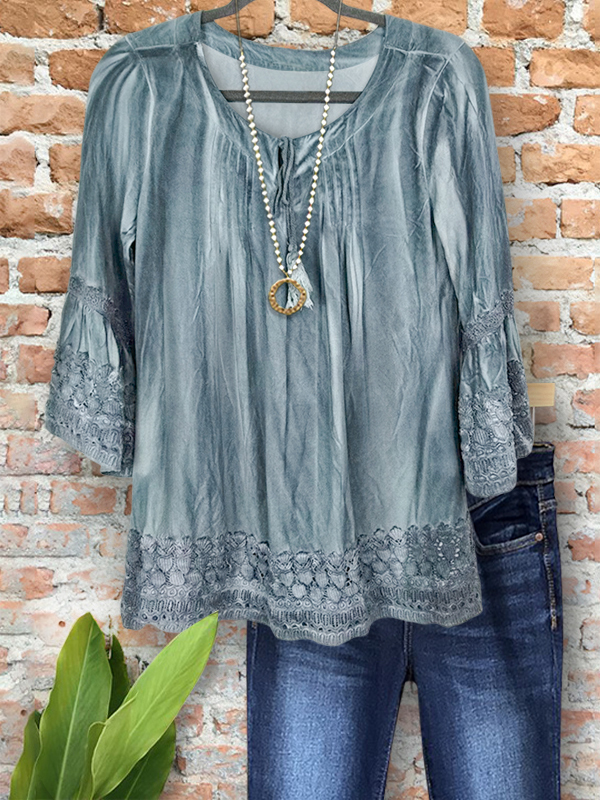 Vintage Tie-Dye Printed Lace Patchwork Top