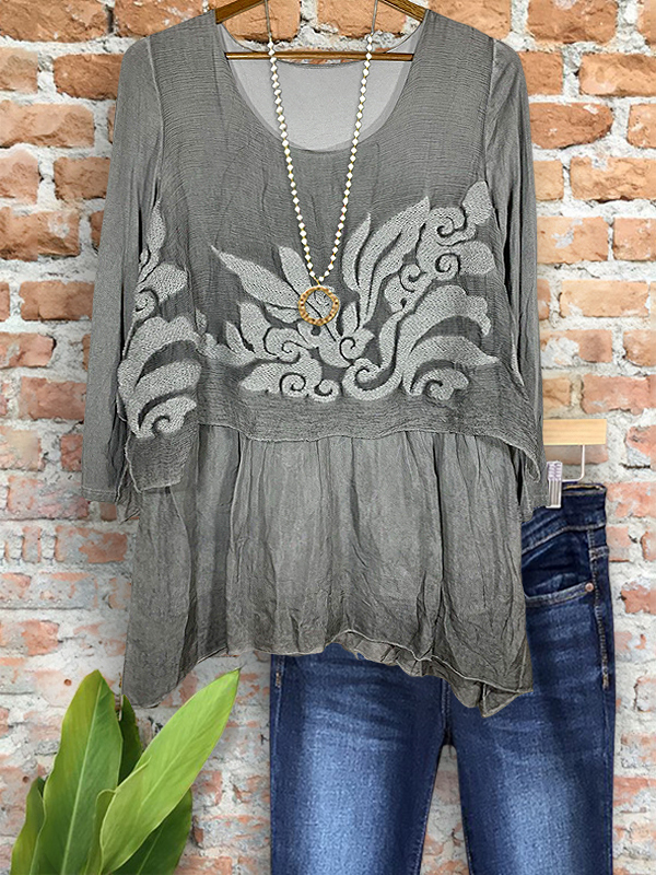 Women's top | Vintage Elegant Embroidered Crewneck Top |Website-shopcharmingrose