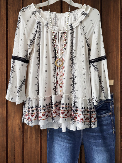 Bohemian Print Ruffled Raglan Sleeve Top