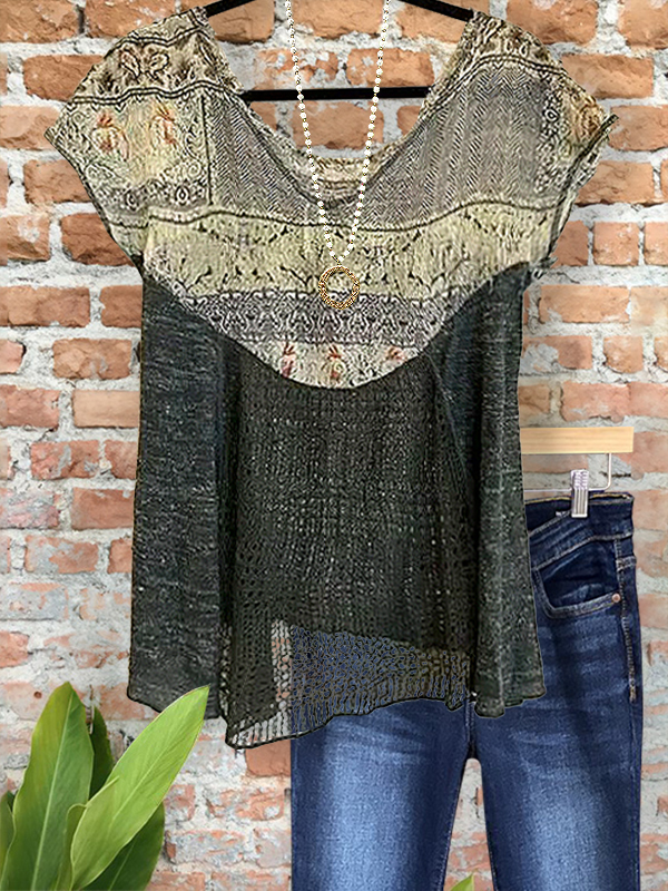 Casual Printed Crochet Mesh Patchwork Top