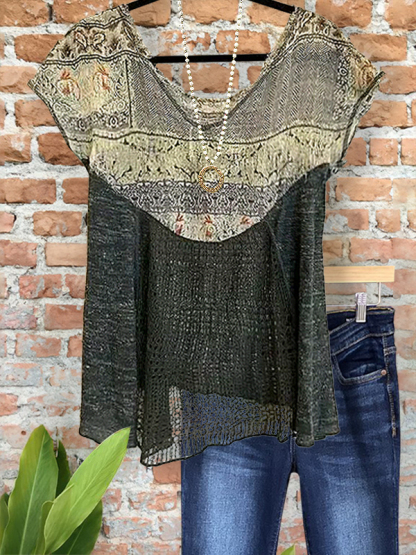 Casual Printed Crochet Mesh Patchwork Top