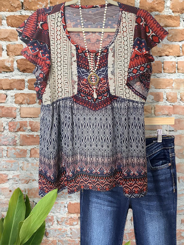 Ethnic Print Lace Patchwork Ruffle Sleeve Top