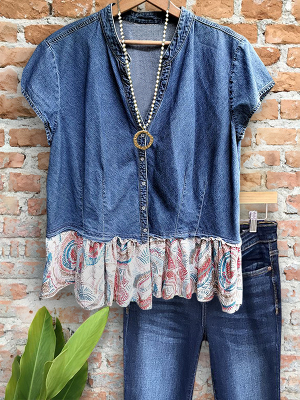 Casual Vintage Denim Print Ruffle Hem Top