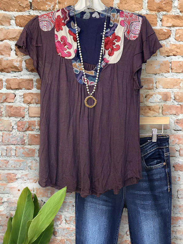 Vintage Print Patchwork Notched V-Neck Top