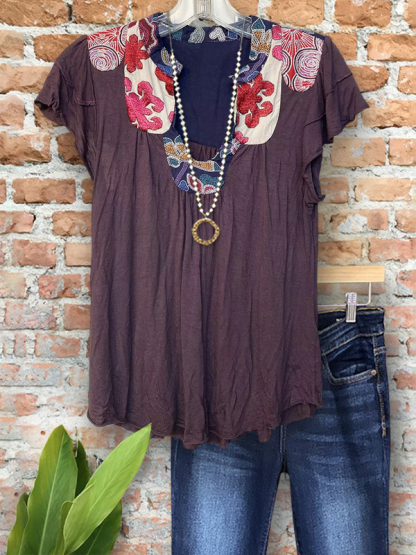 Vintage Print Patchwork Notched V-Neck Top
