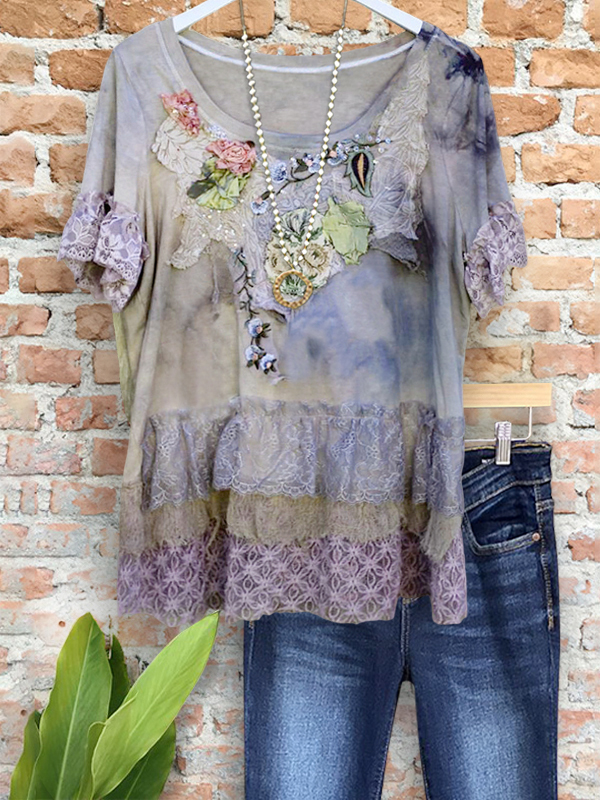Retro Romantic Print Lace Patchwork Top