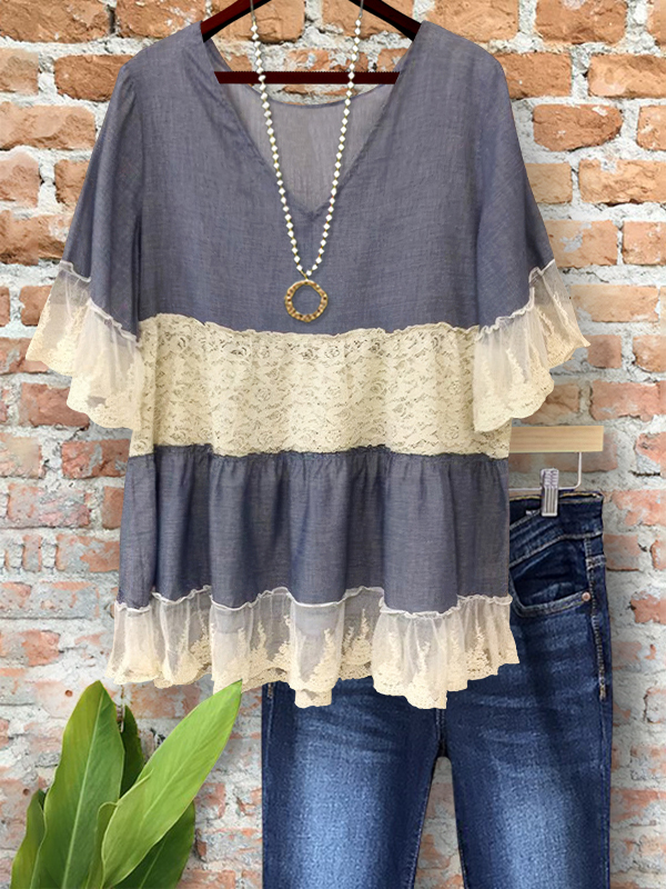 Women's top | Casual Lace Patchwork Ruffle Sleeve Top |Website-shopcharmingrose