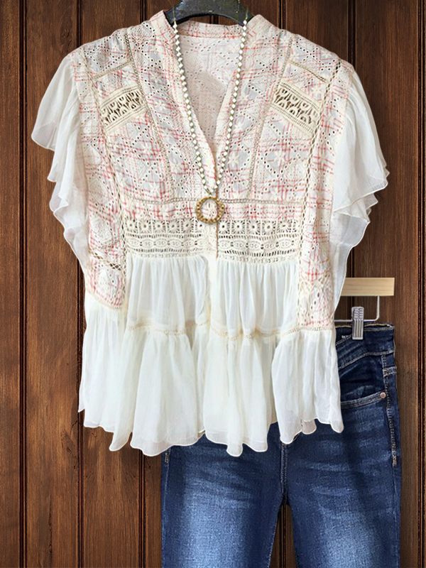 Women's top | Elegant Vintage Print Patchwork Ruffle Top |Website-shopcharmingrose